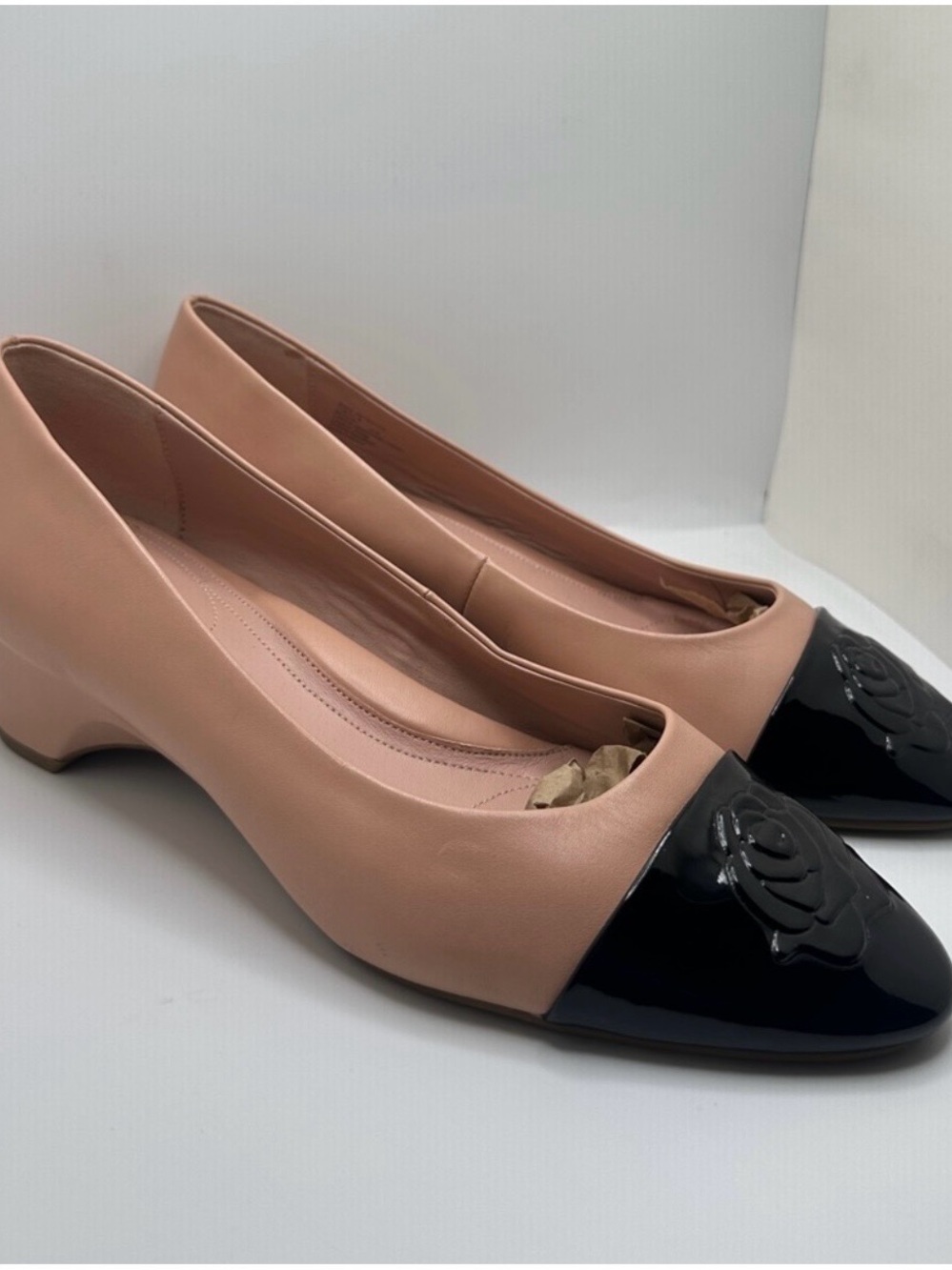 Taryn Rose Blush Pink and Black Patent Cap-Toe Low Heel Pumps